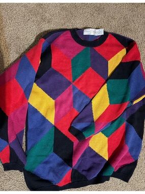 Vintage 90s Geometric Colorblock Sweater Maximalist Whimsical Dopamine Knit M